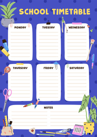 School timetable design. Every day lessons schedule template. Blank education time-table, study plan for week. Students daily calendar with lines, everyday learning planner. Flat vector illustrationのイラスト素材