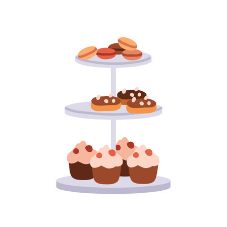 Confectionery on serving plate. Sweet desserts on 3-layered tray. Confection, yummy treats. Cupcakes, eclairs, macarons on buffet stand. Flat vector illustration isolated on white backgroundのイラスト素材
