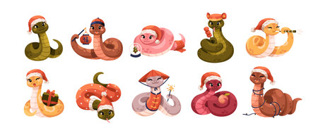 Cute funny snakes set. Chinese 2025 New Year symbol, happy animal character mascot in Santa hat. Smiling kawaii serpent, viper. Kids flat cartoon vector illustrations isolated on white backgroundのイラスト素材