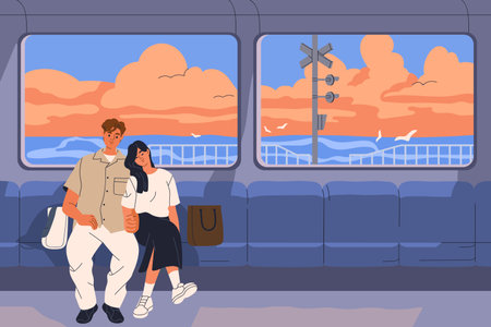 Love couple travel by train. Romantic tourists, man and woman passengers in railway trip, journey with sea view from window. People sitting in chairs, railroad transport. Flat vector illustrationのイラスト素材