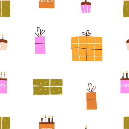 Birthday pattern. Seamless party background, gift boxes and candles in cakes. Endless holiday texture, repeating print, presents and cupcakes. Flat vector illustration for wrapping, textile designのイラスト素材