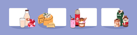 Dairy products, blank backgrounds, square designs set. Milk, cheese, ice-cream, yogurt, natural food and drink. Promotion cards, empty space for advertising, promo, sale. Flat vector illustrationsのイラスト素材