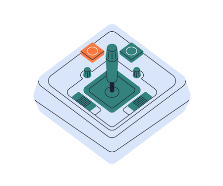 Retro joystick. Vintage video game controller of 70s and 80s. Old nostalgic joy stick. Joypad, playing console. Videogame device, gadget. Flat vector illustration isolated on white backgroundのイラスト素材