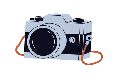 Photo camera. Film photocamera with lens. Classic retro-styled digital cam. Photograph equipment,...