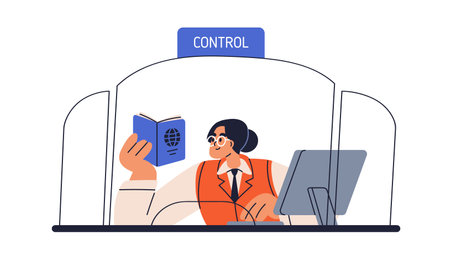 Passport and border control. Officer checking ID document, visa. Migration security at checkpoint. Official worker, airport inspector on duty. Flat vector illustration isolated on white backgroundのイラスト素材