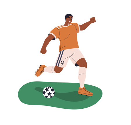 Soccer player running, kicking ball. Black man athlete playing football, field sport game. Happy professional sportsman training on lawn. Flat graphic vector illustration isolated on white backgroundのイラスト素材