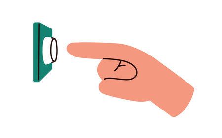 Finger pressing, pushing, clicking, tapping, pointing at wall button. Hand ringing doorbell, calling...