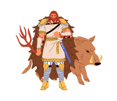 Freyr, Norse god. Nordic Lord, Frey, pagan mythology, legend character. Old ancient Scandinavian Barbarian deity. Legendary fiction flat graphic vector illustration isolated on white backgroundのイラスト素材