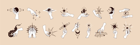 Magic symbols in witch hands set. Holding mystic moon, star, sun, psychic eye, witchcraft crystal, sorcery diamond. Esoteric occult spiritual mysterious concept. Hand-drawn vector illustrationsのイラスト素材