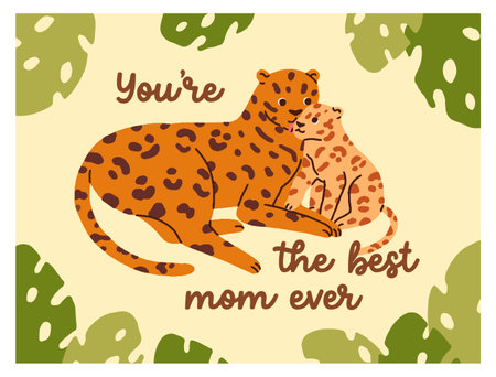 Mother day card, happy leopard mom and baby. Holiday postcard design with wildife, nature, jungle animal family, tropical beast, mammal mommy and cub, love phrase, quote. Flat vector illustrationのイラスト素材