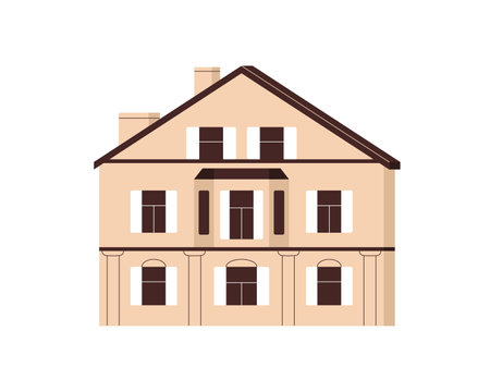 House exterior. Mansion building with windows. Residential construction facade, front view. Home architecture, real estate with gable roof. Flat vector illustration isolated on white backgroundのイラスト素材