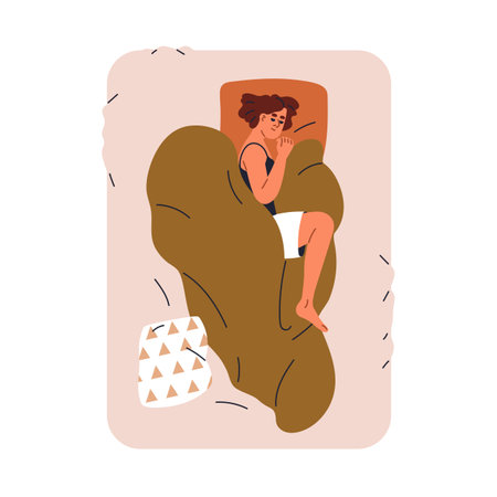 Woman sleeping in bed. Girl asleep, lying on side, top view. Character dreaming, slumbering with pillow, blanket, mattress at night. Flat graphic vector illustration isolated on white backgroundのイラスト素材