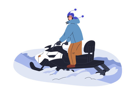Riding snowmobile. Happy character driving snow mobile. Motor sleigh rider, extreme vehicle, transport for adventure, travel in cold frost. Flat vector illustration isolated on white backgroundのイラスト素材