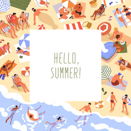 Summer card design. Beach, sea resort, square postcard background with people, tiny characters sunbathing on sand, swimming and relaxing at seaside on summertime holiday. Flat vector illustrationのイラスト素材