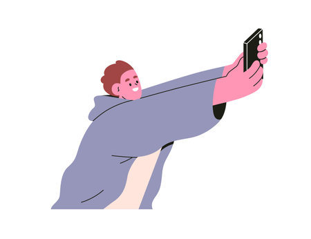 Happy man taking selfie photo on mobile phone. Smiling excited person stretching arms with smartphone, holding cellphone for self portrait. Flat vector illustration isolated on white backgroundのイラスト素材