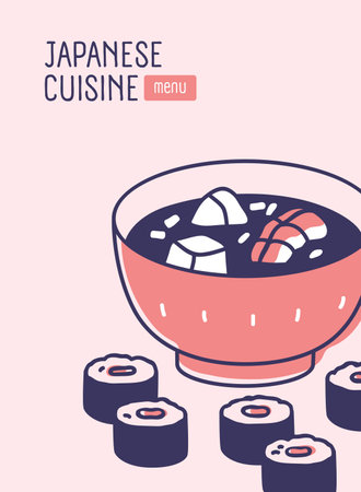 Japanese restaurant menu cover design. Asian cuisine, vertical card background, backdrop template with Japan soup, sushi rolls, maki dishes. Oriental eastern food bar. Flat vector illustrationのイラスト素材