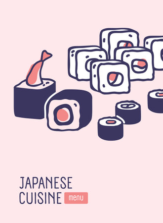 Japanese cuisine, menu cover design. Asian restaurant, line art sushi rolls, uramaki with fish, shrimp, seafood. Vertical background, card template, eastern Japan food bar. Flat vector illustrationのイラスト素材