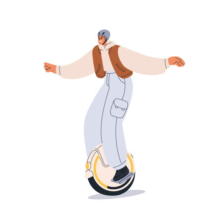 Man riding electric mono wheel, balancing on unicycle. Happy person driving eco-friendly urban transport. Modern guy on mobile monowheel. Flat vector illustration isolated on white backgroundのイラスト素材