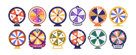 Spinning wheel, casino luck game. Fortune circles, round lucky roulettes set. Lottery fortuna rotation machines for gambling, risk and jackpot. Flat vector illustration isolated on white backgroundのイラスト素材