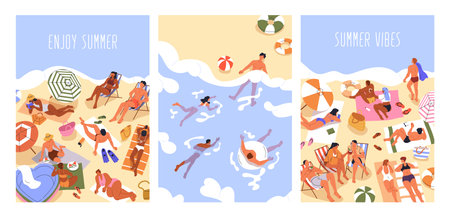 Summer beach posters set. People enjoying vacation by sea, sunbathing, swimming and relaxing. Tourists at leisure, rest and recreation at seaside resort, holiday card. Flat vector illustrationのイラスト素材