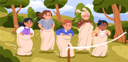 Sack race, kids fun competition. Happy children jumping inside bags outdoors. Cute preschool child group playing funny game, summer activity, joyful leisure in nature. Flat vector illustrationのイラスト素材