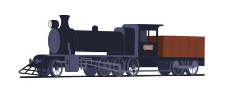 Vintage steam locomotive. Old 19th century train, classic retro railroad transport. Historical ancient victorian railway vehicle of 1900. Flat vector illustration isolated on white backgroundのイラスト素材