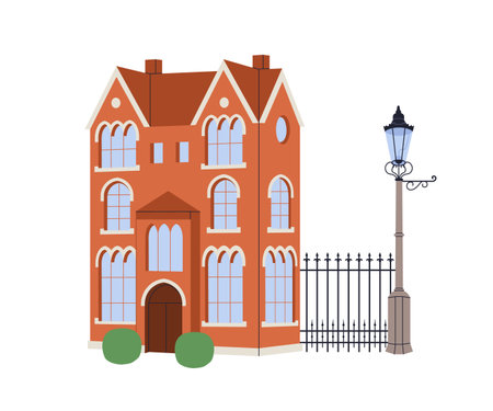 Victorian building facade. Old European architecture. Classic British house exterior. Historic ancient residential structure, mansion. Flat graphic vector illustration isolated on white backgroundのイラスト素材