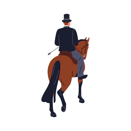 Gentleman riding horse in 19th century. Historic equestrian, horseback rider from past. Horseman, noble man in hat, suit, mounted on steed. Flat vector illustration isolated on white backgroundのイラスト素材