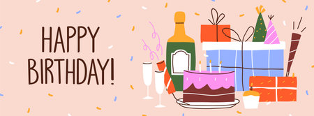 Happy birthday banner design with cake, gift and champagne bottle. Festive background, horizontal holiday card with confetti, party hats, firecrackers and bday presents. Flat vector illustrationのイラスト素材