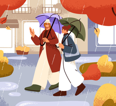 Girls friends walking together on rainy day. Happy women going on autumn city street, talking under umbrellas, rain weather, downpour. People in fall season, raindrops. Flat vector illustrationのイラスト素材