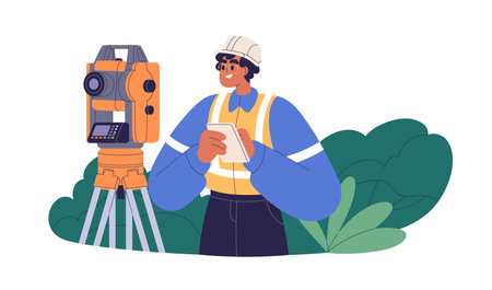 Surveyor engineer at work. Theodolite total station, surveying topographic equipment, professional geodetic tool, measurement device, tacheometer. Flat vector illustration isolated on white backgroundのイラスト素材