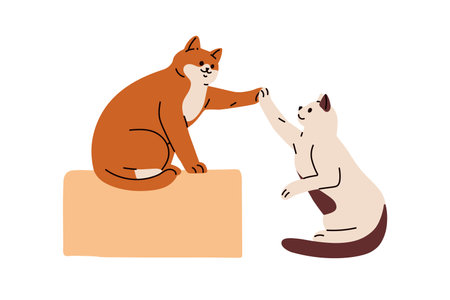 Cute cats giving high five. Friendly feline animals greeting with paw gesture. Trained smart kitty pets, friendship and communication concept. Flat vector illustration isolated on white backgroundのイラスト素材