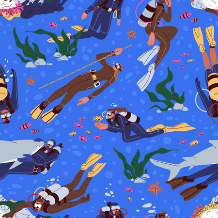 Seamless pattern, divers under water. Scuba diving in sea, repeating print. People in aqualung swimming underwater, endless background for fabric, textile, wrapping design. Flat vector illustrationのイラスト素材