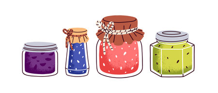 Homemade fruit preserves in glass jars set. Blackberry, kiwi, plum, strawberry marmalades. Sweet summer berry jelly confitures. Home-made food. Flat vector illustration isolated on white backgroundのイラスト素材