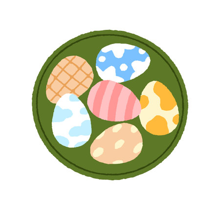 Painted and decorated Easter eggs. Spring holiday decoration on plate, traditional festive dish, top view. Colorful seasonal decor. Flat vector illustration isolated on white backgroundのイラスト素材