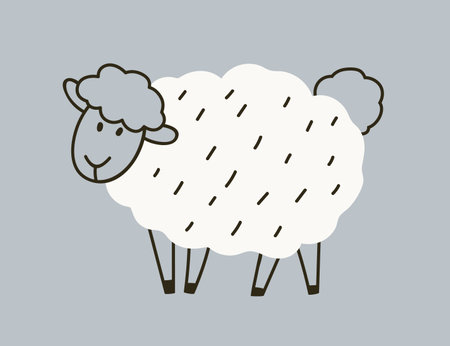 Cute sheep in doodle Scandinavian style. Adorable baby farm animal with fluffy wool. Black and white drawing, lamb. Country livestock. Scandi childish nursery flat graphic vector illustrationのイラスト素材