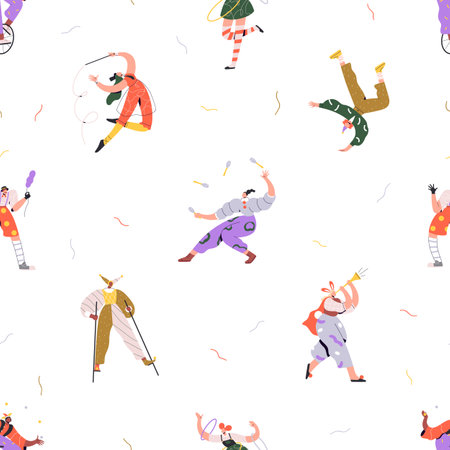 Circus, carnival and festival artists, seamless pattern design. Festive characters, clown, acrobat, jester and juggler, endless background. Carnaval, repeating print. Colored flat vector illustrationのイラスト素材