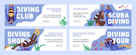 Scuba diving adventure, underwater marine banners set. Divers in suits, aqualung, snorkel, oxygen mask under sea water, aquatic undersea club, internet web backgrounds. Flat vector illustrationのイラスト素材