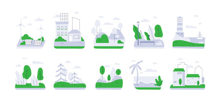 Abstract landscape set. Green nature, outdoor environment with trees in park, sea beach, lighthouse, city, sustainable energy. Eco-friendly icons. Flat vector illustration isolated on white backgroundのイラスト素材