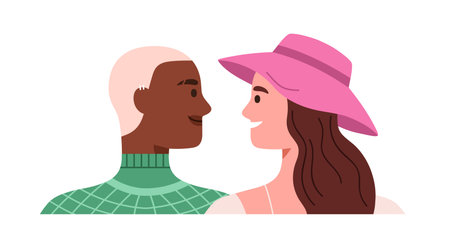 Young couple in love, happy man and woman looking at each other, smiling. Romantic relationship concept. Multiethnic partners characters. Flat vector illustration isolated on white backgroundのイラスト素材