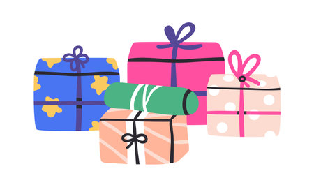 Holiday gift boxes wrapped in decorative festive paper wrapping, tied with bows. Many presents,...