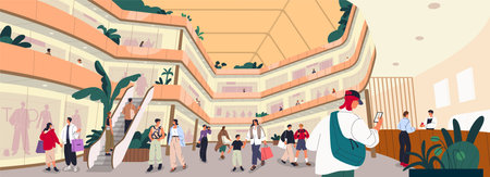 Shopping mall interior scene with people walking, spending time in retail stores. Consumers, buyers in modern multi-storey center with escalators, levels. Shoppers indoors. Flat vector illustrationのイラスト素材