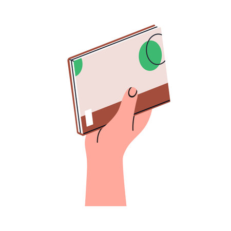 Hand holding book, textbook, notepad. Giving paper literature. Notebook, planner, organizer, diary in arm. Recommending, advising to read. Flat vector illustration isolated on white backgroundのイラスト素材