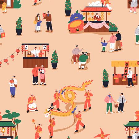 Chinese New Year street market, festive pattern. Asian festival celebration in Chinatown, seamless holiday print, background for textile, fabric, wrapping. Endless repeating flat vector illustrationのイラスト素材