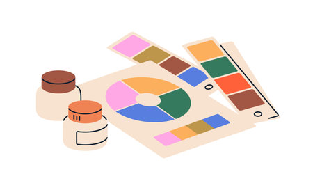 Colour palette, swatch. Paint sampler, color wheel, fan. Coloring samples, pallet, schemes for matching, selection hues in creative art, design. Flat vector illustration isolated on white backgroundのイラスト素材