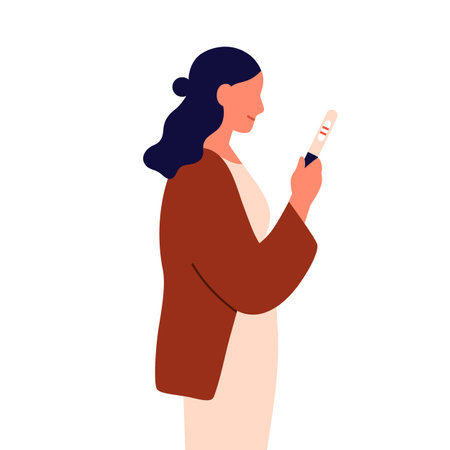 Pregnant woman holding positive pregnancy test stick. Female, future mom with medical result, two lines marking. Maternity, motherhood concept. Flat vector illustration isolated on white backgroundのイラスト素材