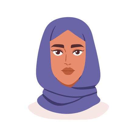 Muslim woman in hijab, face portrait, avatar. Beautiful Arab female character wearing headscarf, traditional Islamic head scarf, headwear. Flat vector illustration isolated on white backgroundのイラスト素材