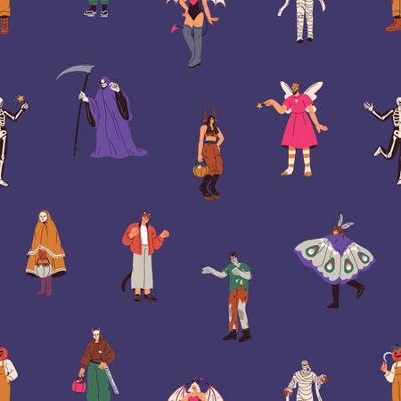 Halloween party, seamless pattern, print. People in spooky costumes, mummy, zombie at masquerade. Creepy October 31 holiday celebration. Endless flat graphic vector illustration for fabric, wrappingのイラスト素材
