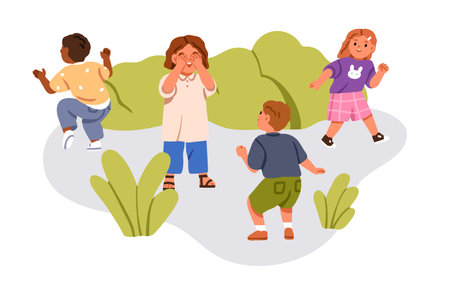 Children playing hide and seek. Kids having fun outdoors. Friends in summer playtime. Happy boys, girls during leisure activity time in nature. Flat vector illustration isolated on white backgroundのイラスト素材