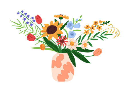 Modern summer bouquet, floral arrangement in vase. Beautiful blossoms, blooms in trendy style. Garden, meadow and field plants, wildflowers. Flat vector illustration isolated on white backgroundのイラスト素材